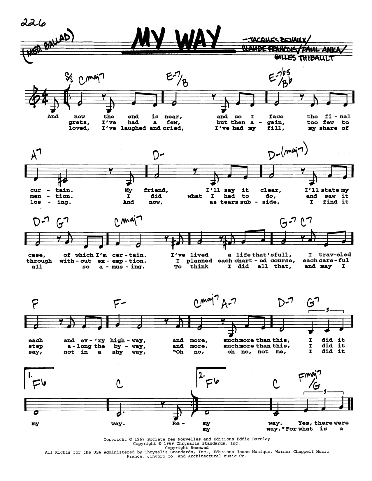 Frank Sinatra My Way (Low Voice) Sheet Music Notes & Chords for Real Book – Melody, Lyrics & Chords - Download or Print PDF