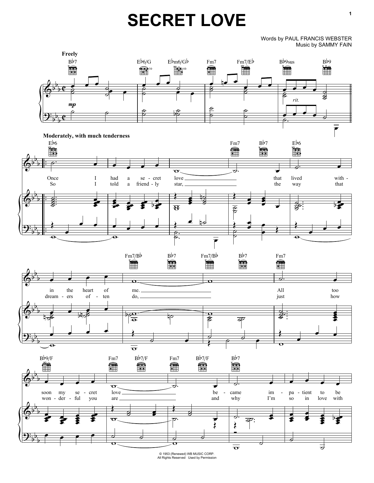 Frank Sinatra Secret Love Sheet Music Notes & Chords for Piano, Vocal & Guitar (Right-Hand Melody) - Download or Print PDF