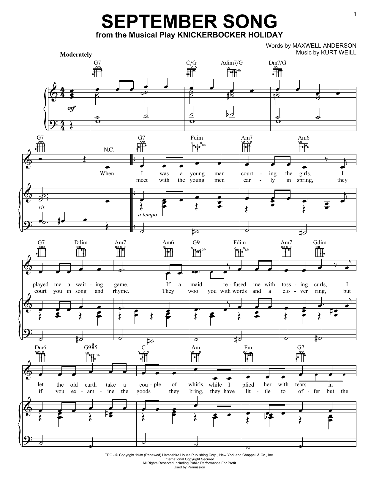 Frank Sinatra September Song Sheet Music Notes & Chords for Piano, Vocal & Guitar (Right-Hand Melody) - Download or Print PDF