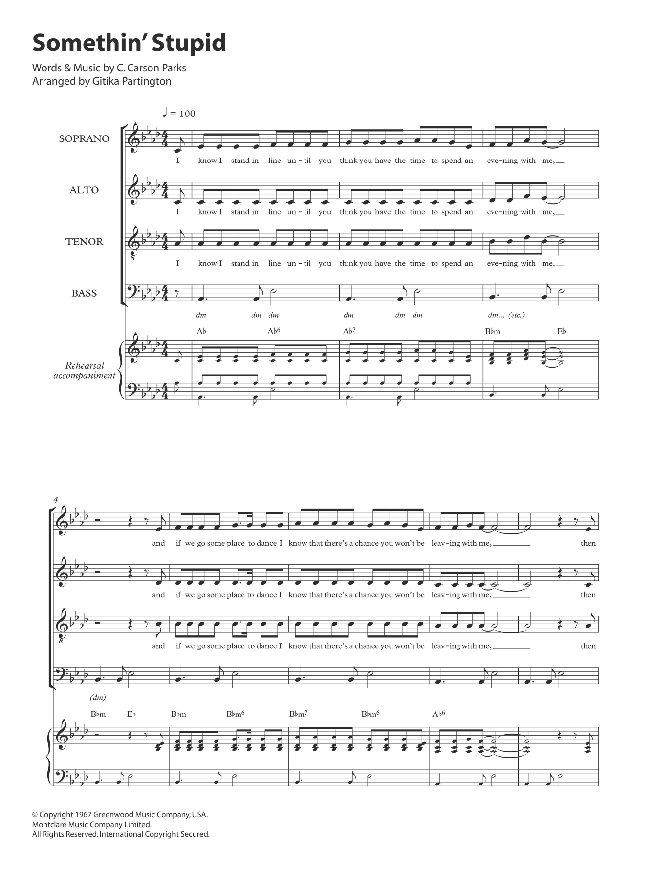 Frank Sinatra Somethin' Stupid (arr. Gitika Partington) Sheet Music Notes & Chords for SATB - Download or Print PDF