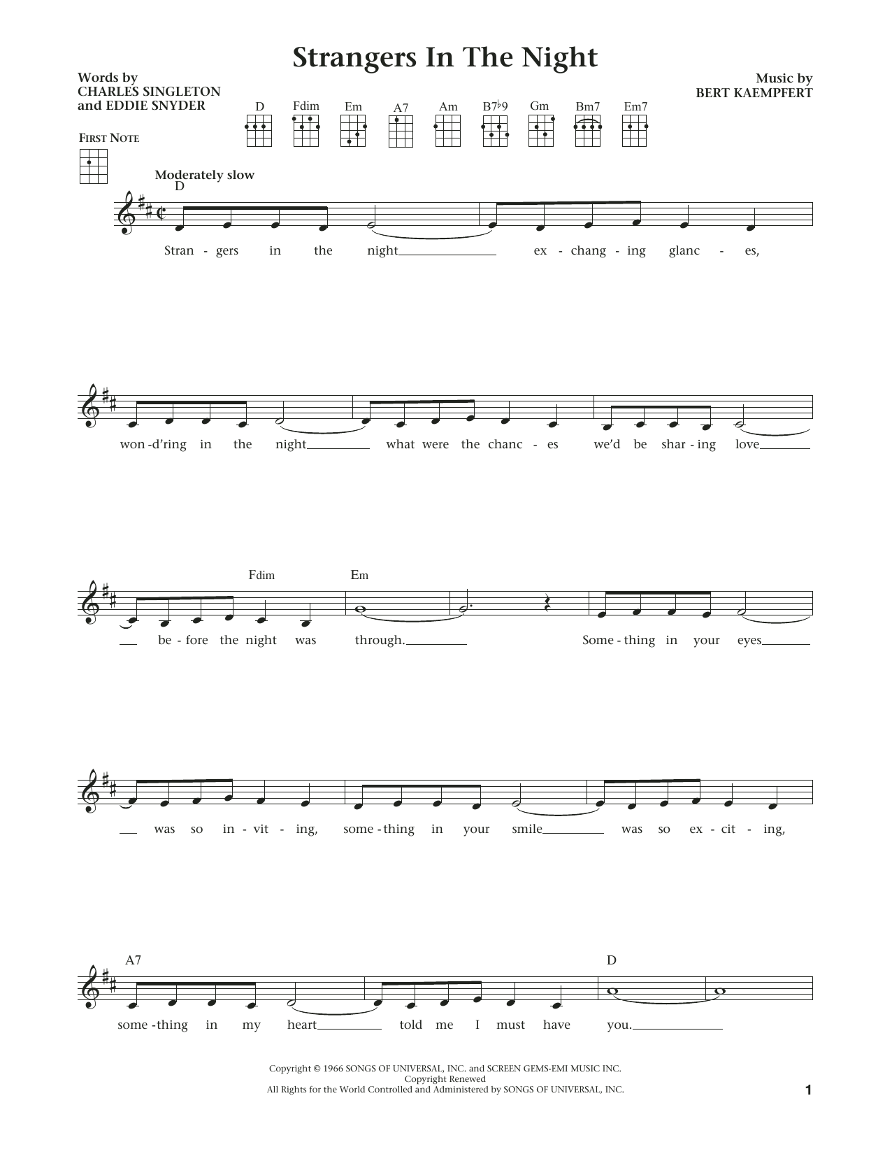 Frank Sinatra Strangers In The Night (from The Daily Ukulele) (arr. Liz and Jim Beloff) Sheet Music Notes & Chords for Ukulele - Download or Print PDF