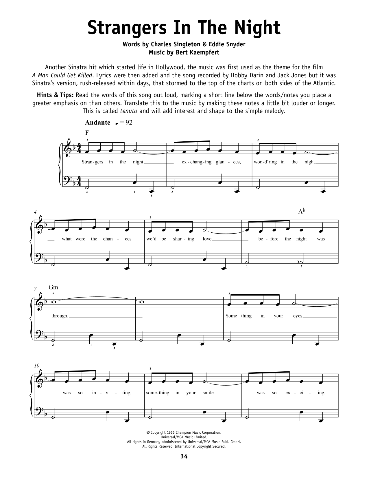 Frank Sinatra Strangers In The Night Sheet Music Notes & Chords for Piano (Big Notes) - Download or Print PDF