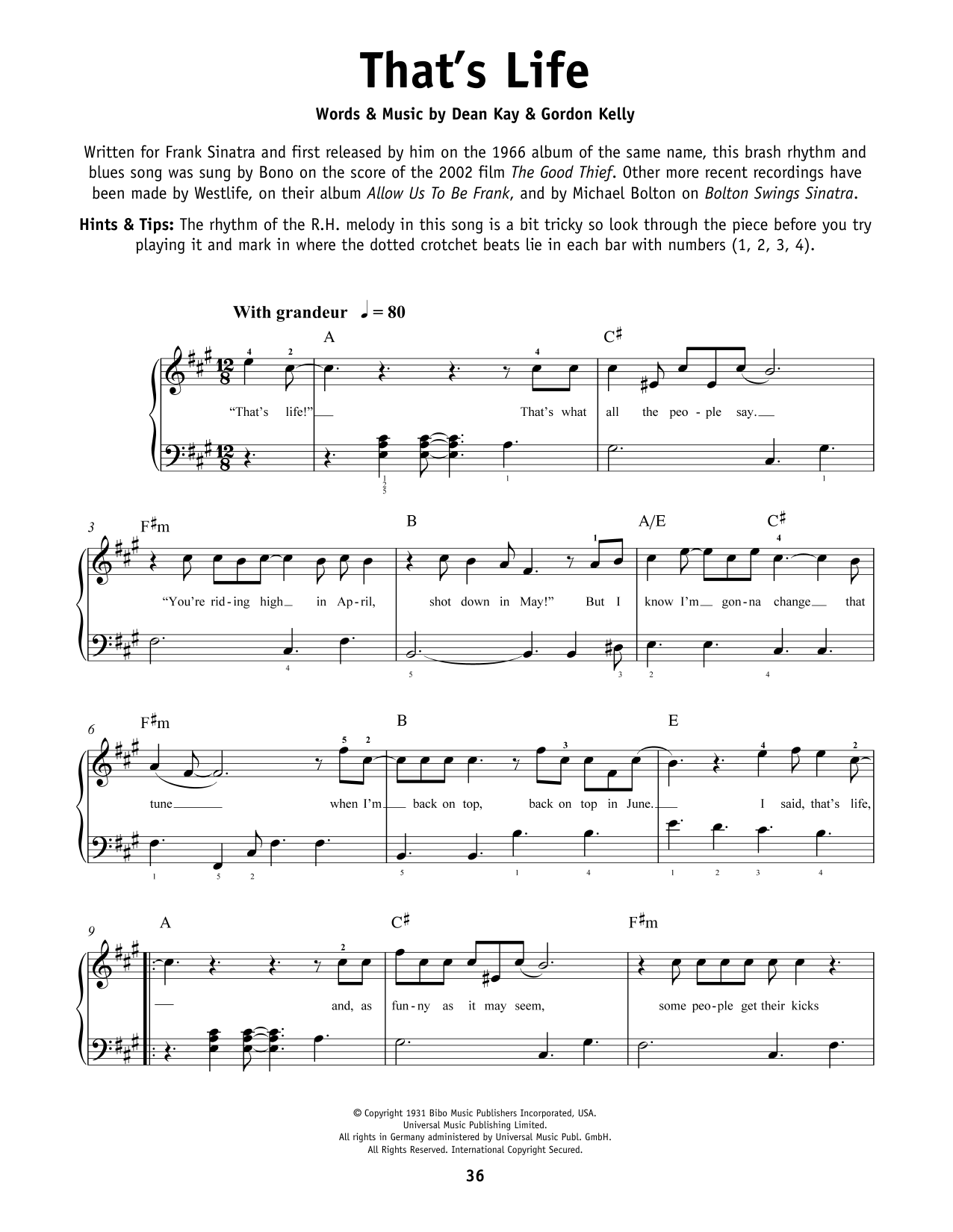 Frank Sinatra That's Life Sheet Music Notes & Chords for Easy Guitar Tab - Download or Print PDF