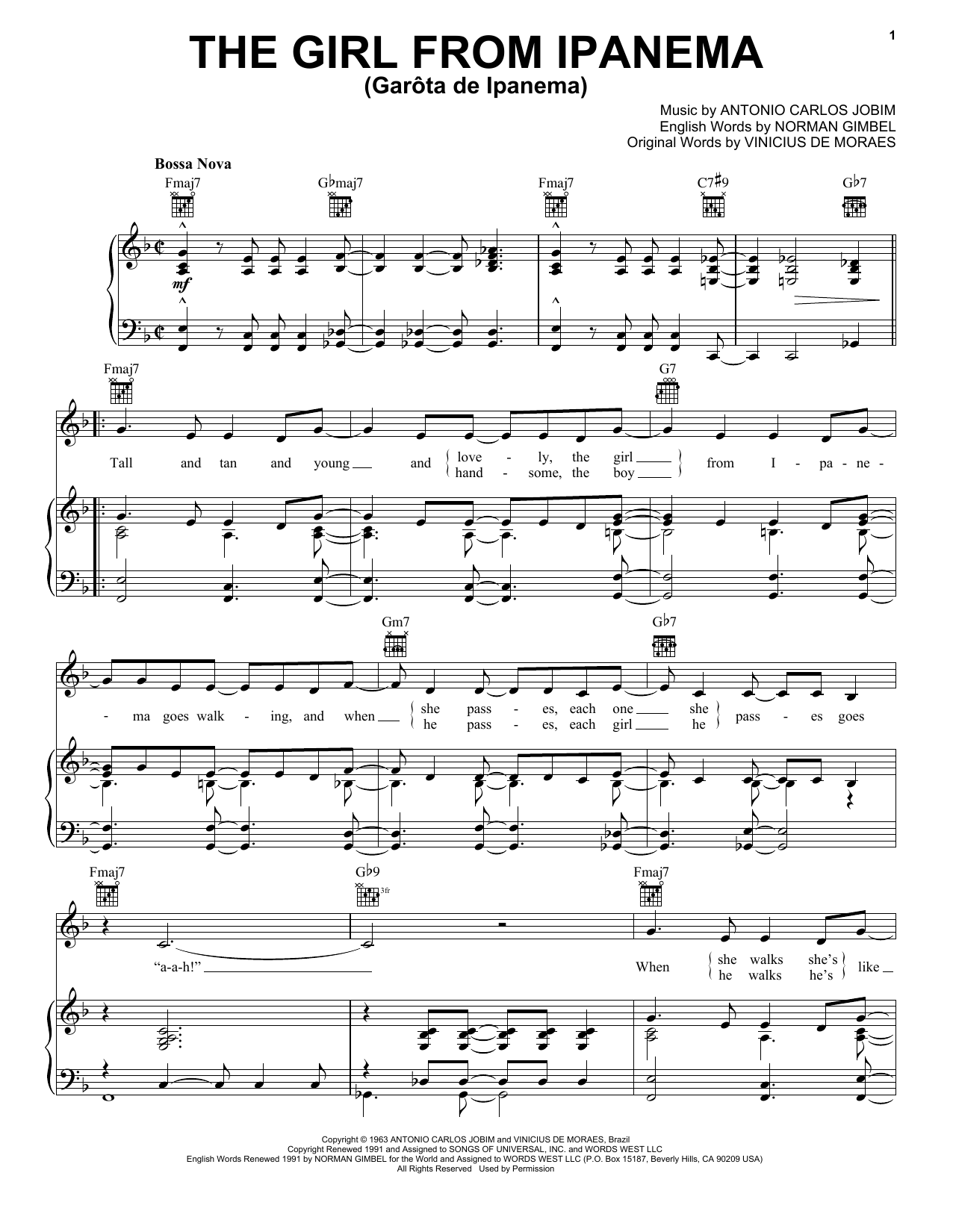 Frank Sinatra The Girl From Ipanema (Garota De Ipanema) Sheet Music Notes & Chords for Piano, Vocal & Guitar (Right-Hand Melody) - Download or Print PDF