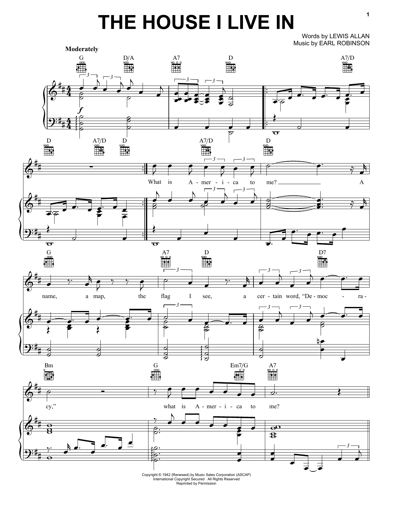 Frank Sinatra The House I Live In Sheet Music Notes & Chords for Piano, Vocal & Guitar (Right-Hand Melody) - Download or Print PDF