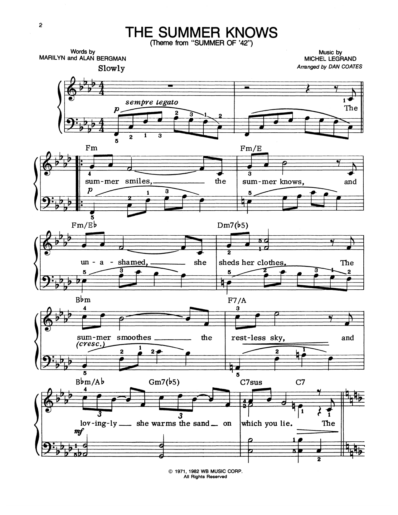 Frank Sinatra The Summer Knows Sheet Music Notes & Chords for Easy Piano - Download or Print PDF