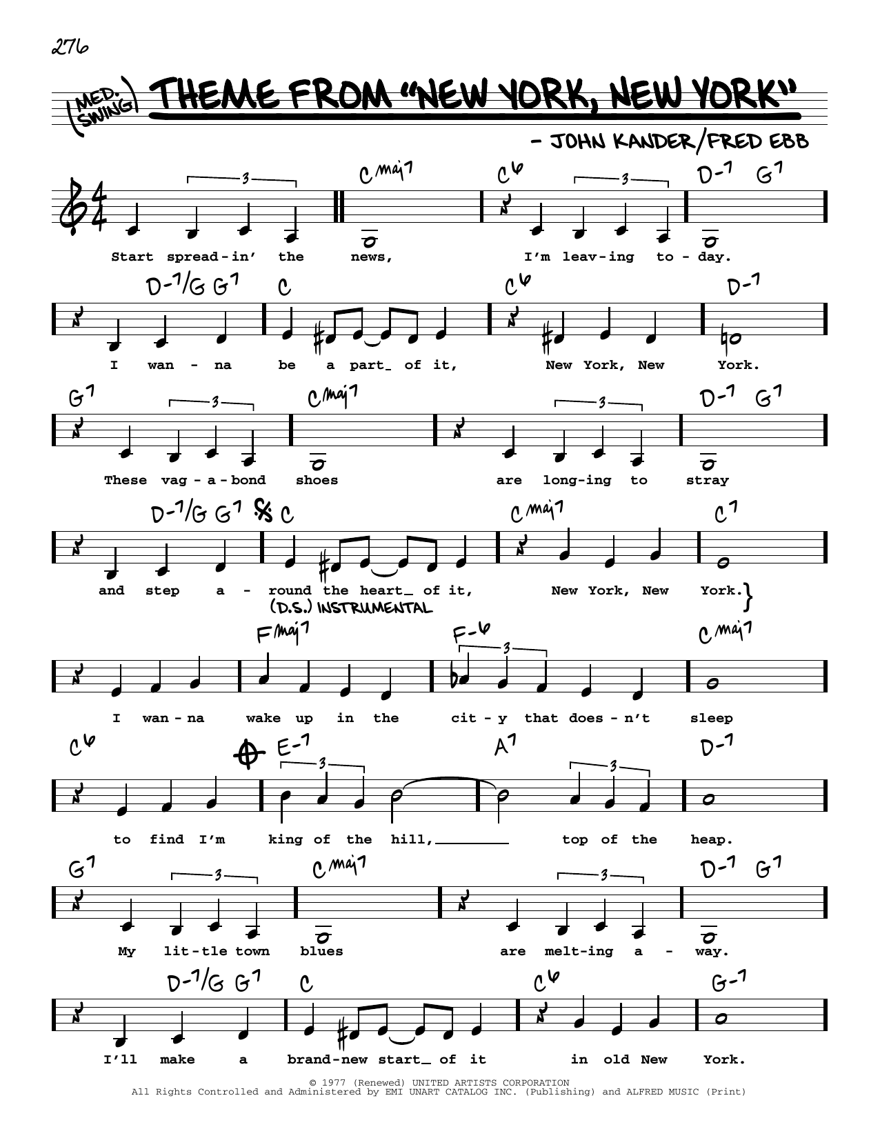 Frank Sinatra Theme from New York, New York (Low Voice) Sheet Music Notes & Chords for Real Book – Melody, Lyrics & Chords - Download or Print PDF