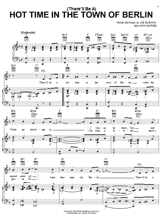 Frank Sinatra (There'll Be A) Hot Time In The Town Of Berlin Sheet Music Notes & Chords for Piano, Vocal & Guitar (Right-Hand Melody) - Download or Print PDF