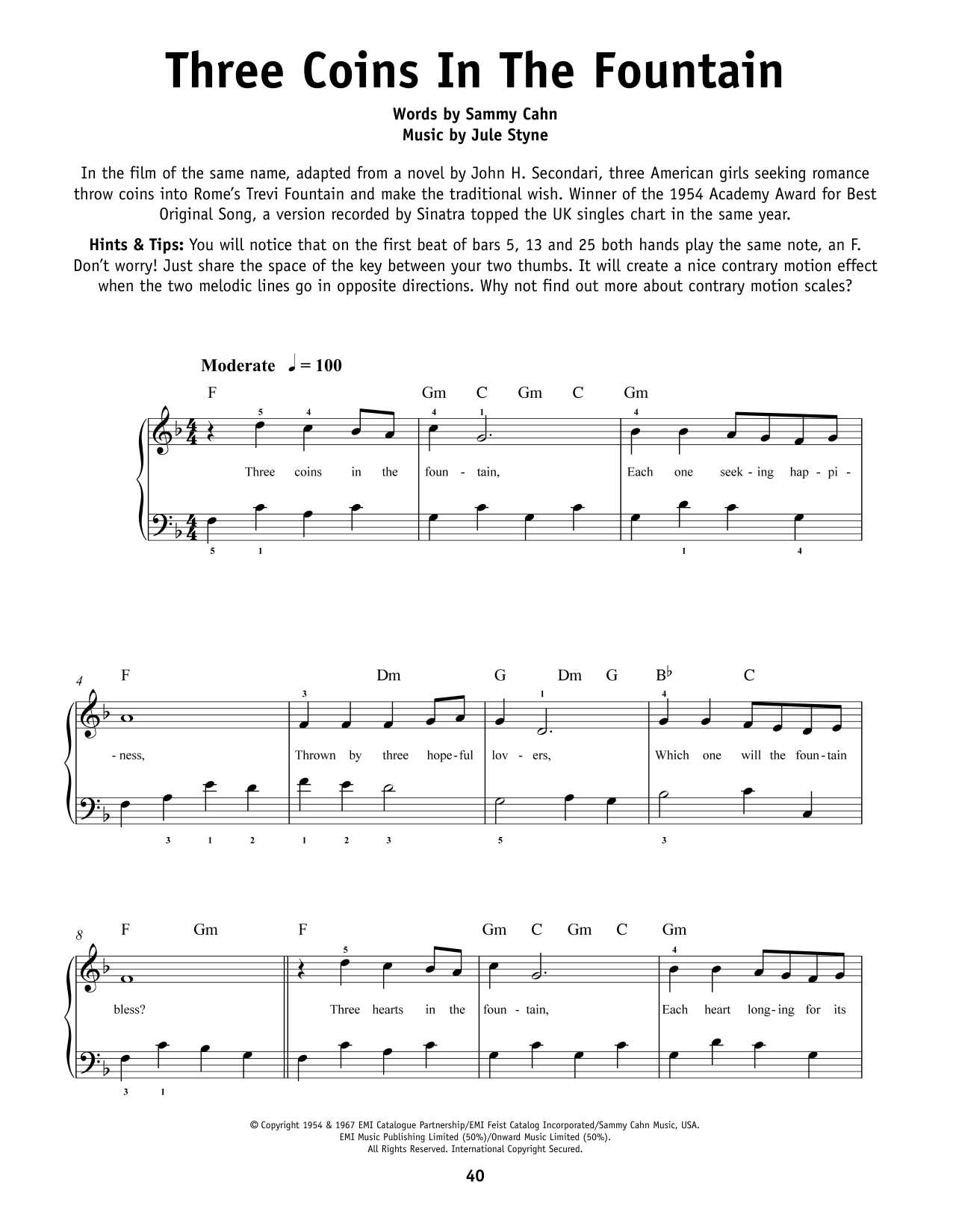 Frank Sinatra Three Coins In The Fountain Sheet Music Notes & Chords for Piano, Vocal & Guitar (Right-Hand Melody) - Download or Print PDF