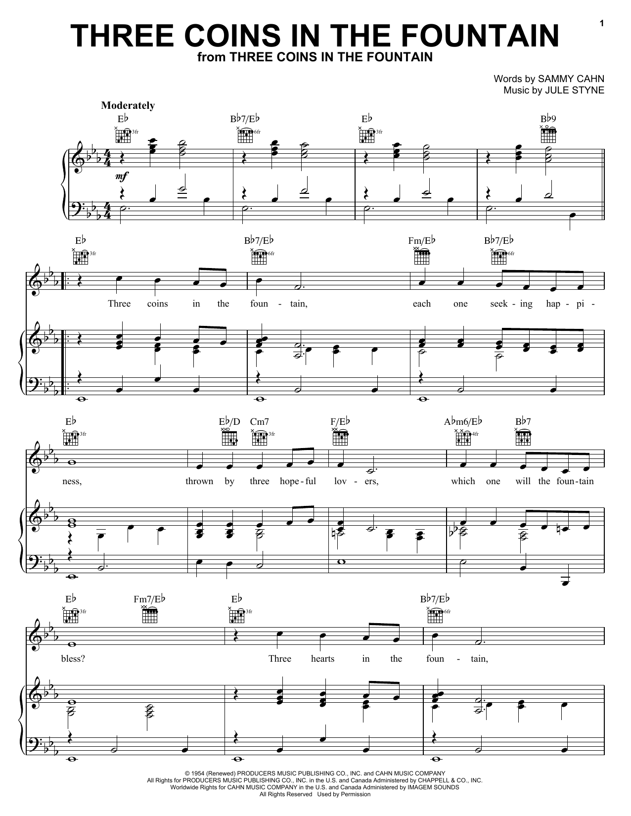 Frank Sinatra Three Coins In The Fountain Sheet Music Notes & Chords for Easy Piano - Download or Print PDF
