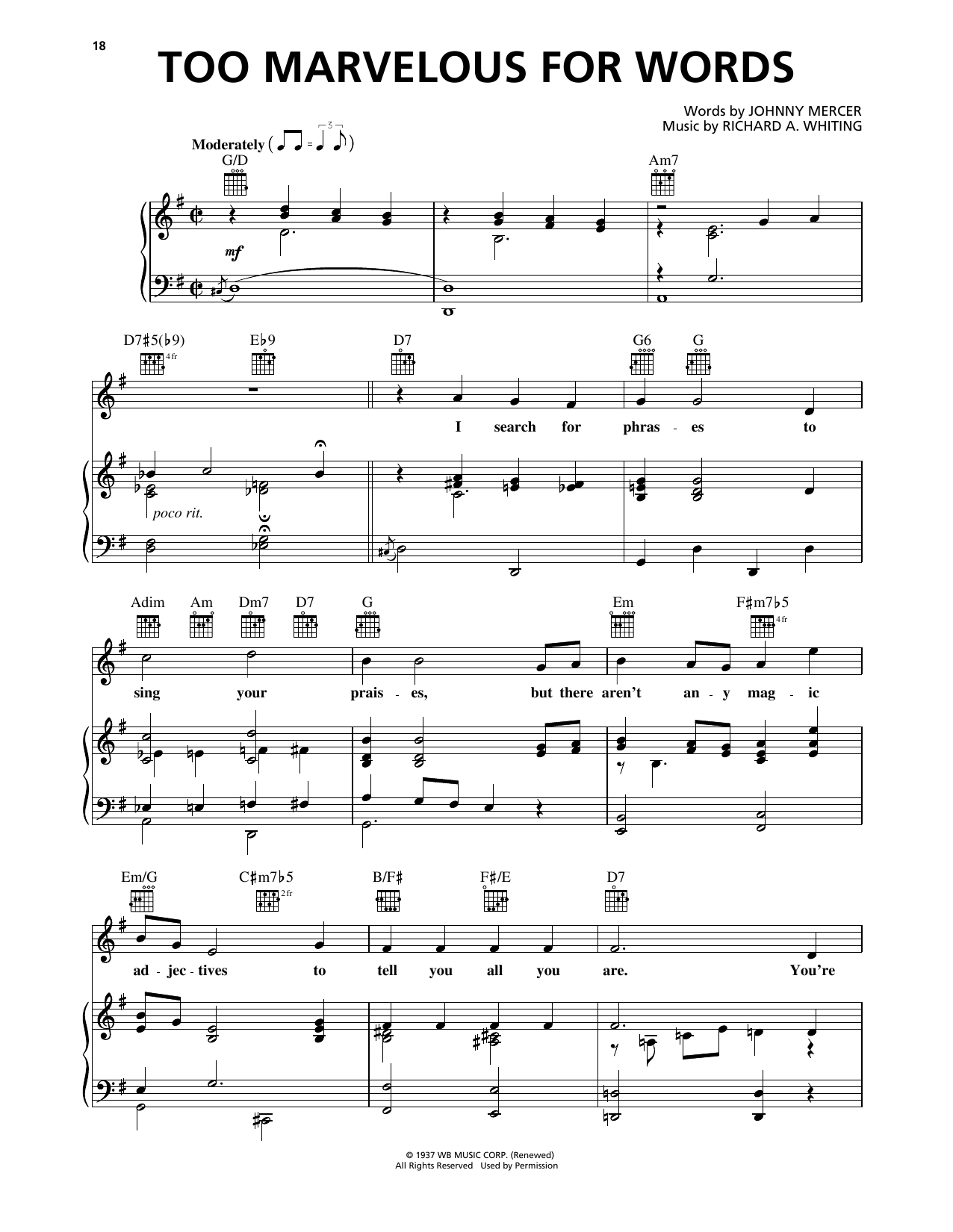 Frank Sinatra Too Marvelous For Words Sheet Music Notes & Chords for Piano, Vocal & Guitar Chords (Right-Hand Melody) - Download or Print PDF