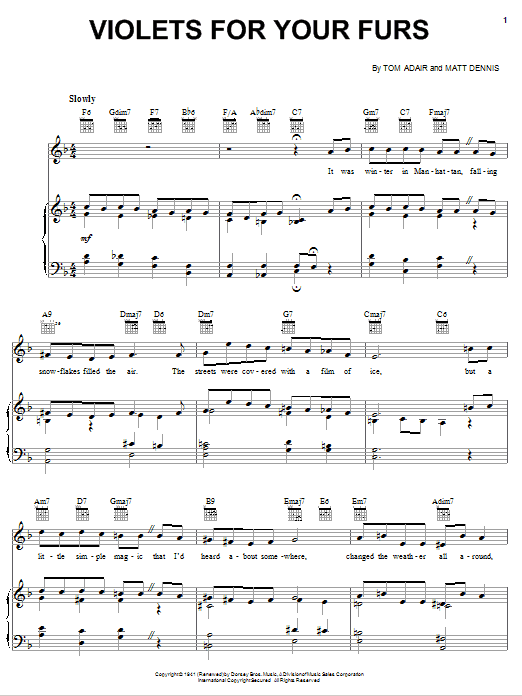 Frank Sinatra Violets For Your Furs Sheet Music Notes & Chords for Piano, Vocal & Guitar (Right-Hand Melody) - Download or Print PDF