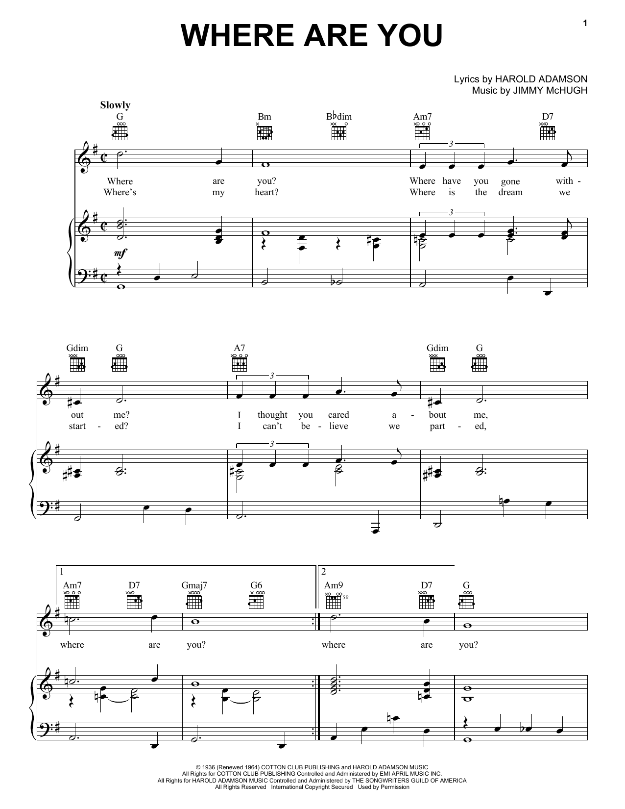 Frank Sinatra Where Are You Sheet Music Notes & Chords for Piano, Vocal & Guitar (Right-Hand Melody) - Download or Print PDF