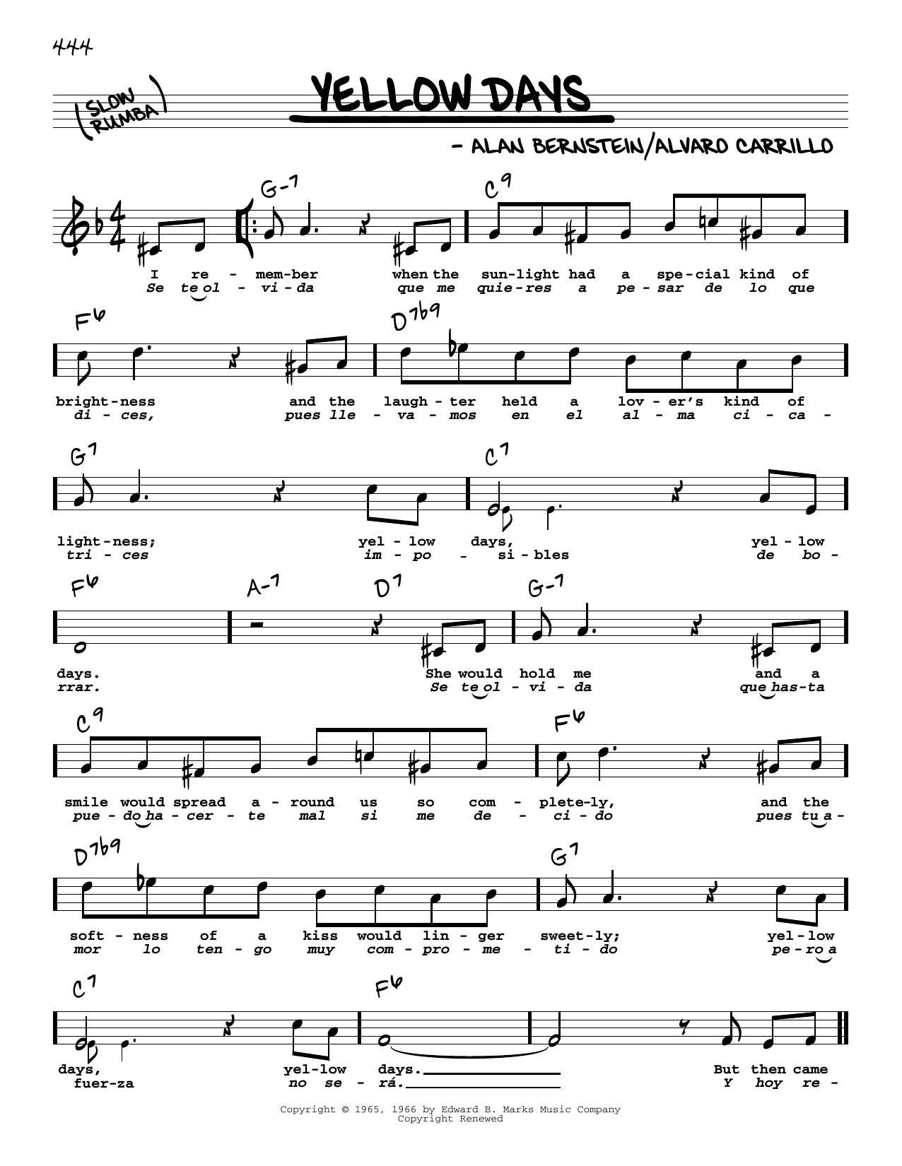Frank Sinatra Yellow Days (High Voice) Sheet Music Notes & Chords for Real Book – Melody, Lyrics & Chords - Download or Print PDF