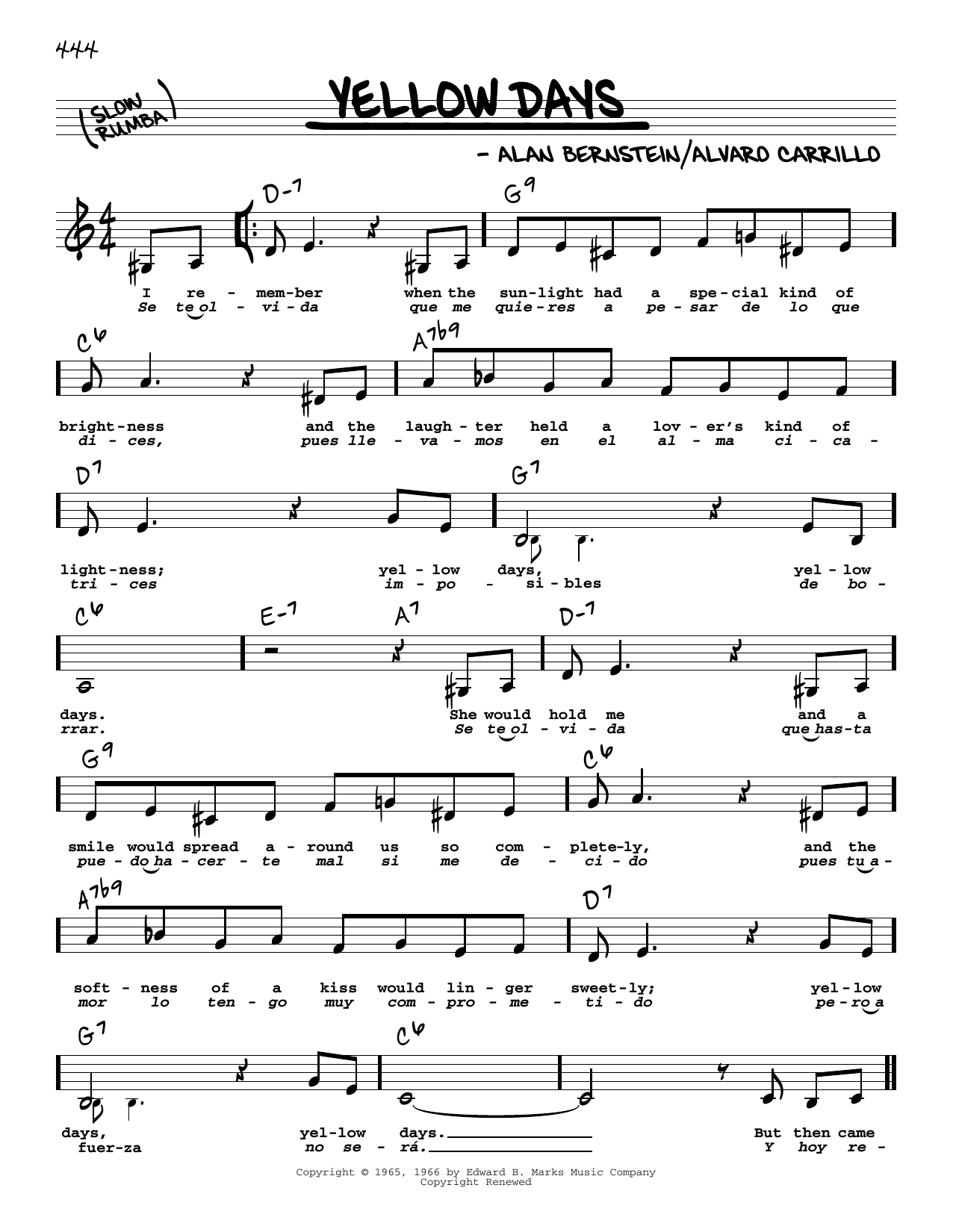 Frank Sinatra Yellow Days (Low Voice) Sheet Music Notes & Chords for Real Book – Melody, Lyrics & Chords - Download or Print PDF