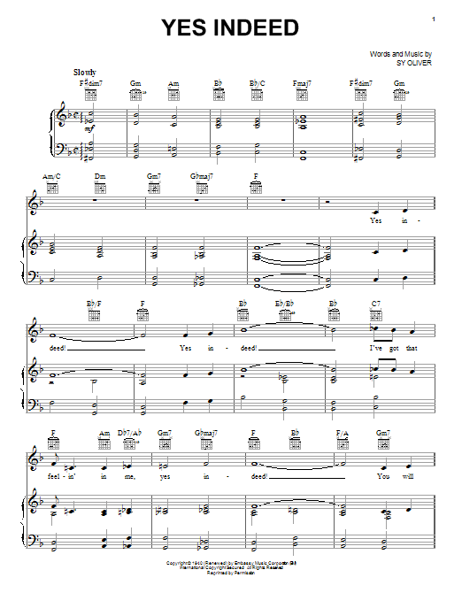 Frank Sinatra Yes Indeed Sheet Music Notes & Chords for Piano, Vocal & Guitar (Right-Hand Melody) - Download or Print PDF