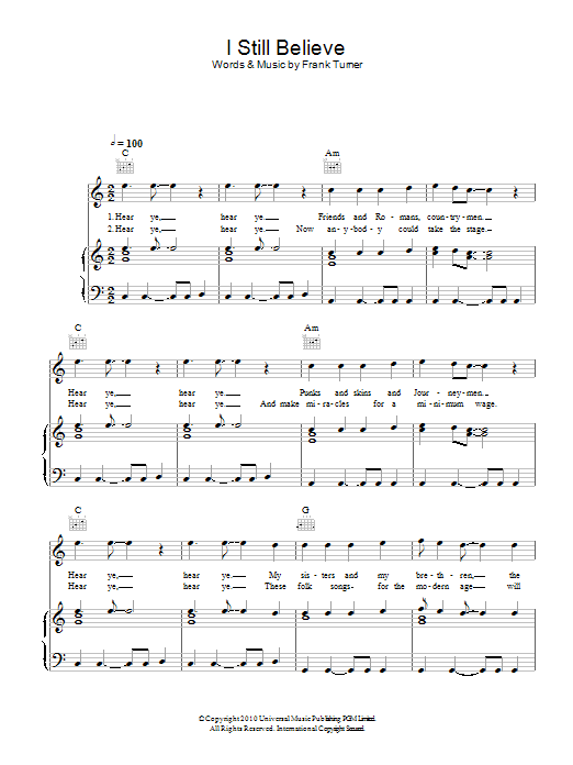 Frank Turner I Still Believe Sheet Music Notes & Chords for Lyrics & Chords - Download or Print PDF