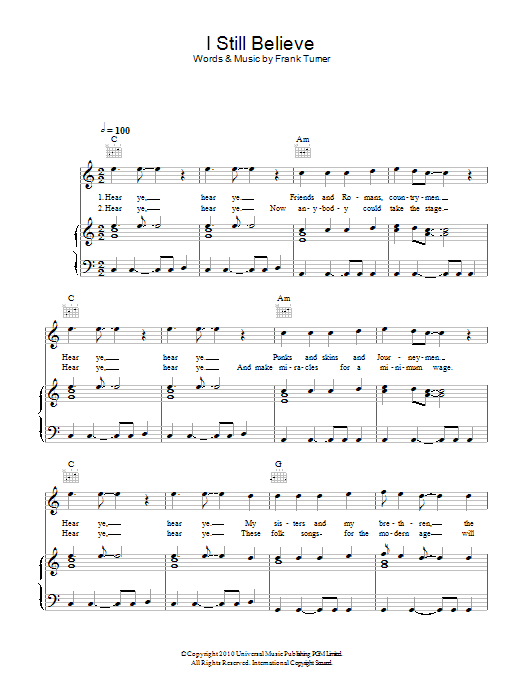 Frank Turner I Still Believe Sheet Music Notes & Chords for Piano, Vocal & Guitar (Right-Hand Melody) - Download or Print PDF
