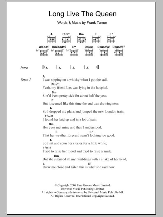 Frank Turner Long Live The Queen Sheet Music Notes & Chords for Lyrics & Chords - Download or Print PDF