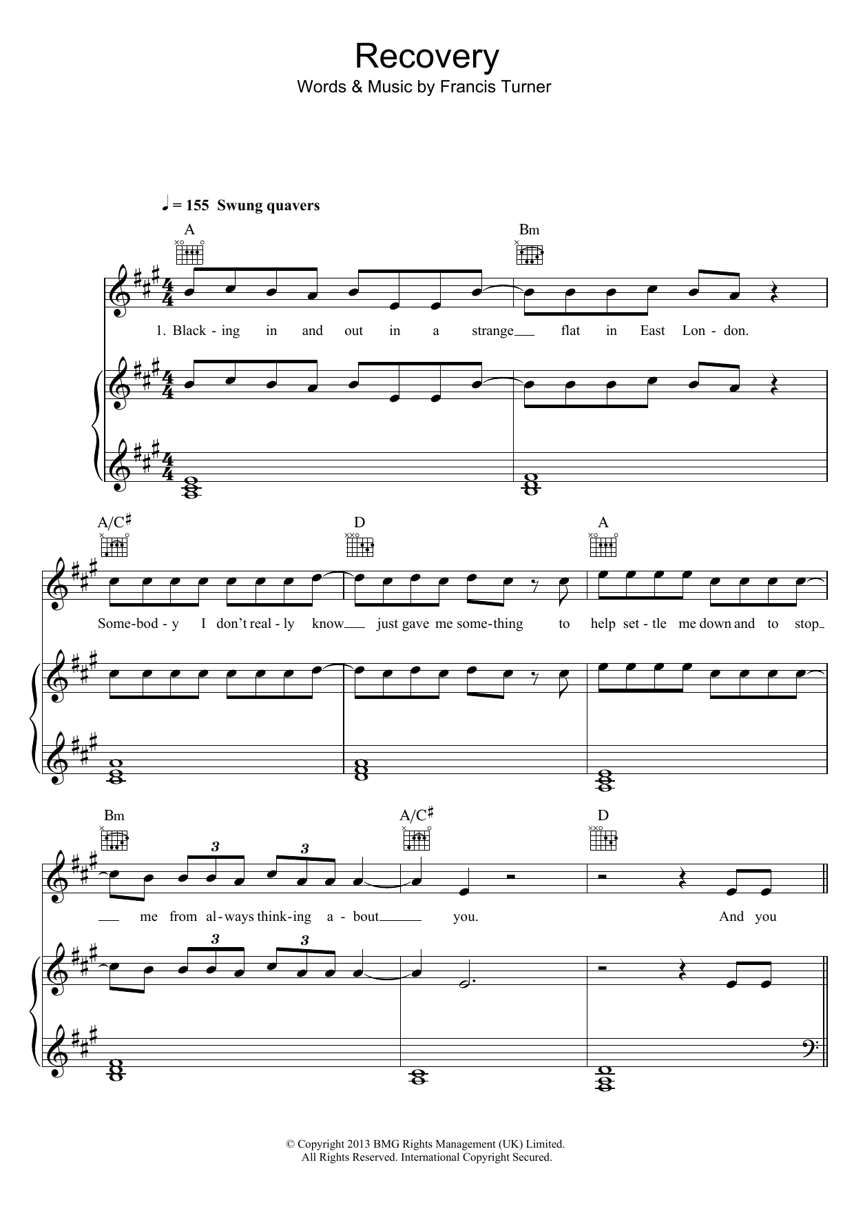 Frank Turner Recovery Sheet Music Notes & Chords for Piano, Vocal & Guitar (Right-Hand Melody) - Download or Print PDF