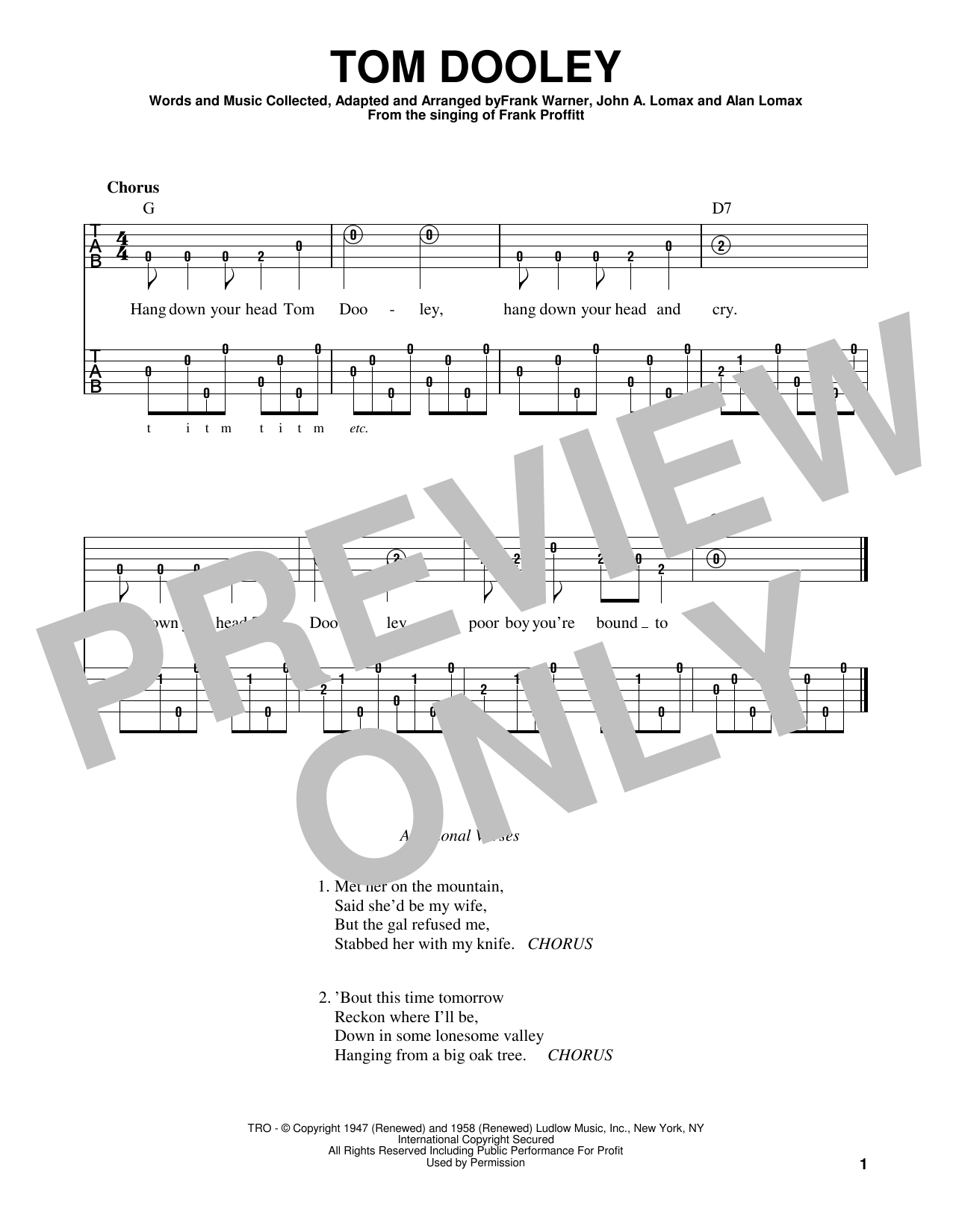 Frank Warner Tom Dooley Sheet Music Notes & Chords for Banjo - Download or Print PDF