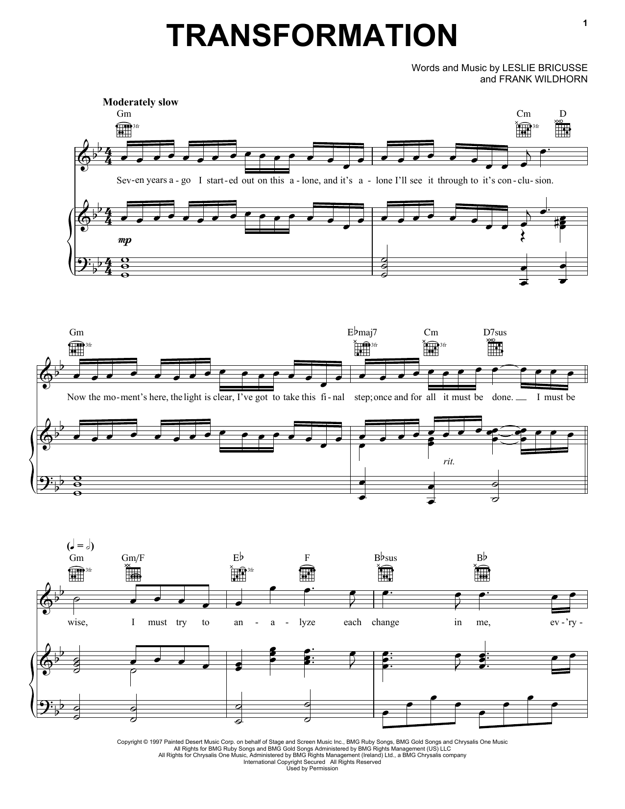 Frank Wildhorn Transformation Sheet Music Notes & Chords for Piano, Vocal & Guitar (Right-Hand Melody) - Download or Print PDF