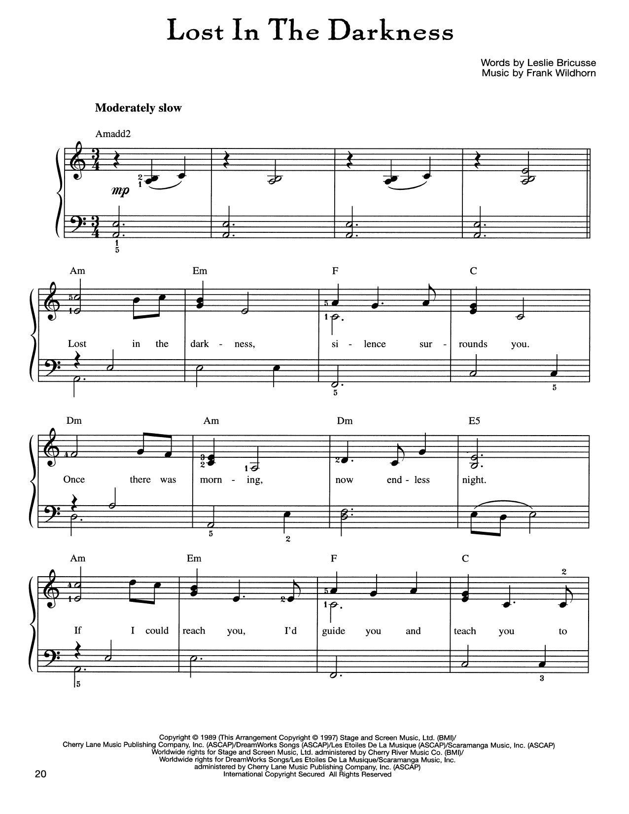 Frank Wildhorn Lost In The Darkness Sheet Music Notes & Chords for Easy Piano - Download or Print PDF