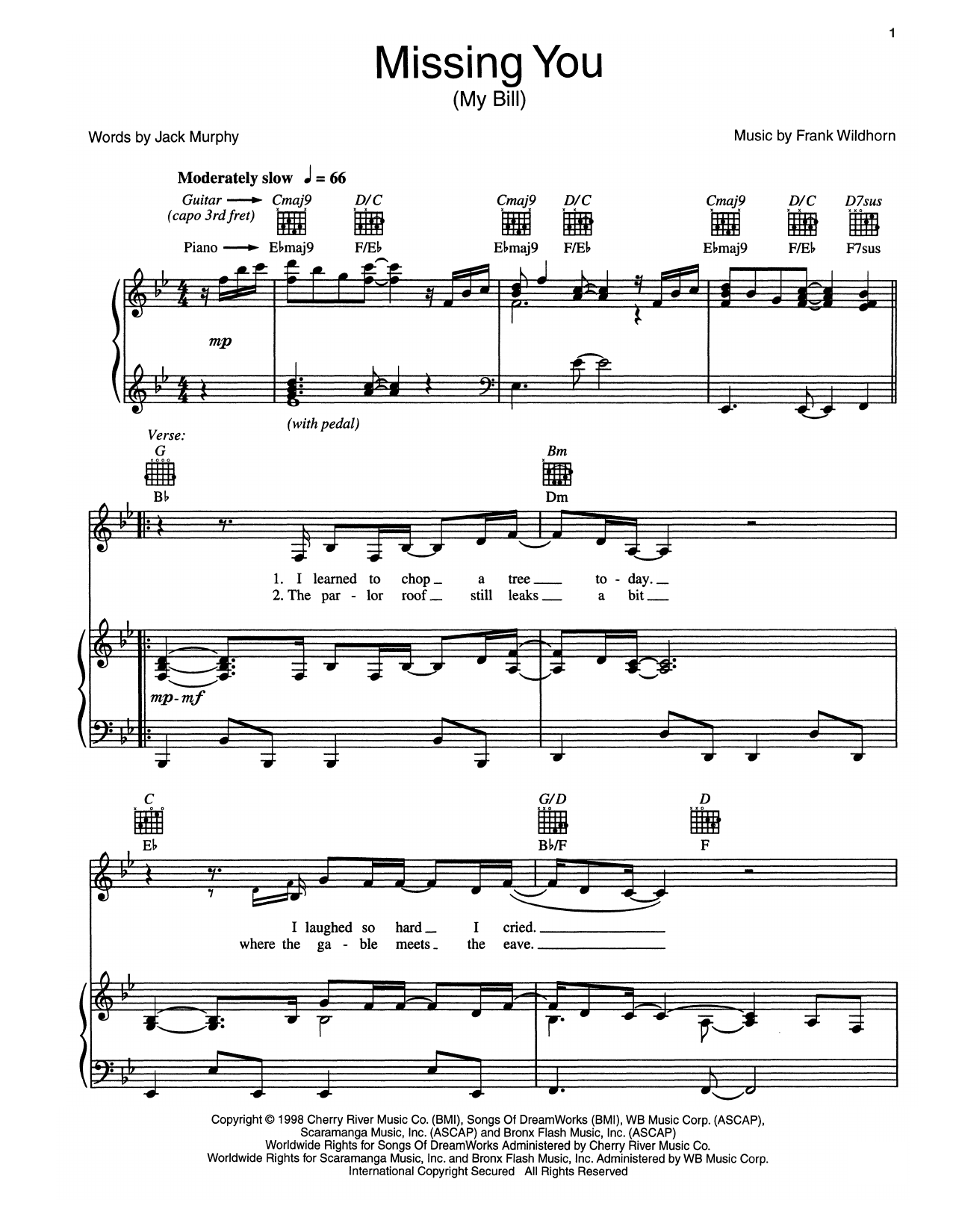 Frank Wildhorn Missing You (My Bill) Sheet Music Notes & Chords for Piano, Vocal & Guitar (Right-Hand Melody) - Download or Print PDF