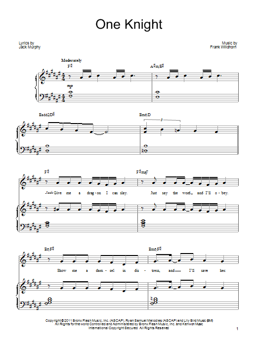 Frank Wildhorn One Knight Sheet Music Notes & Chords for Piano, Vocal & Guitar (Right-Hand Melody) - Download or Print PDF