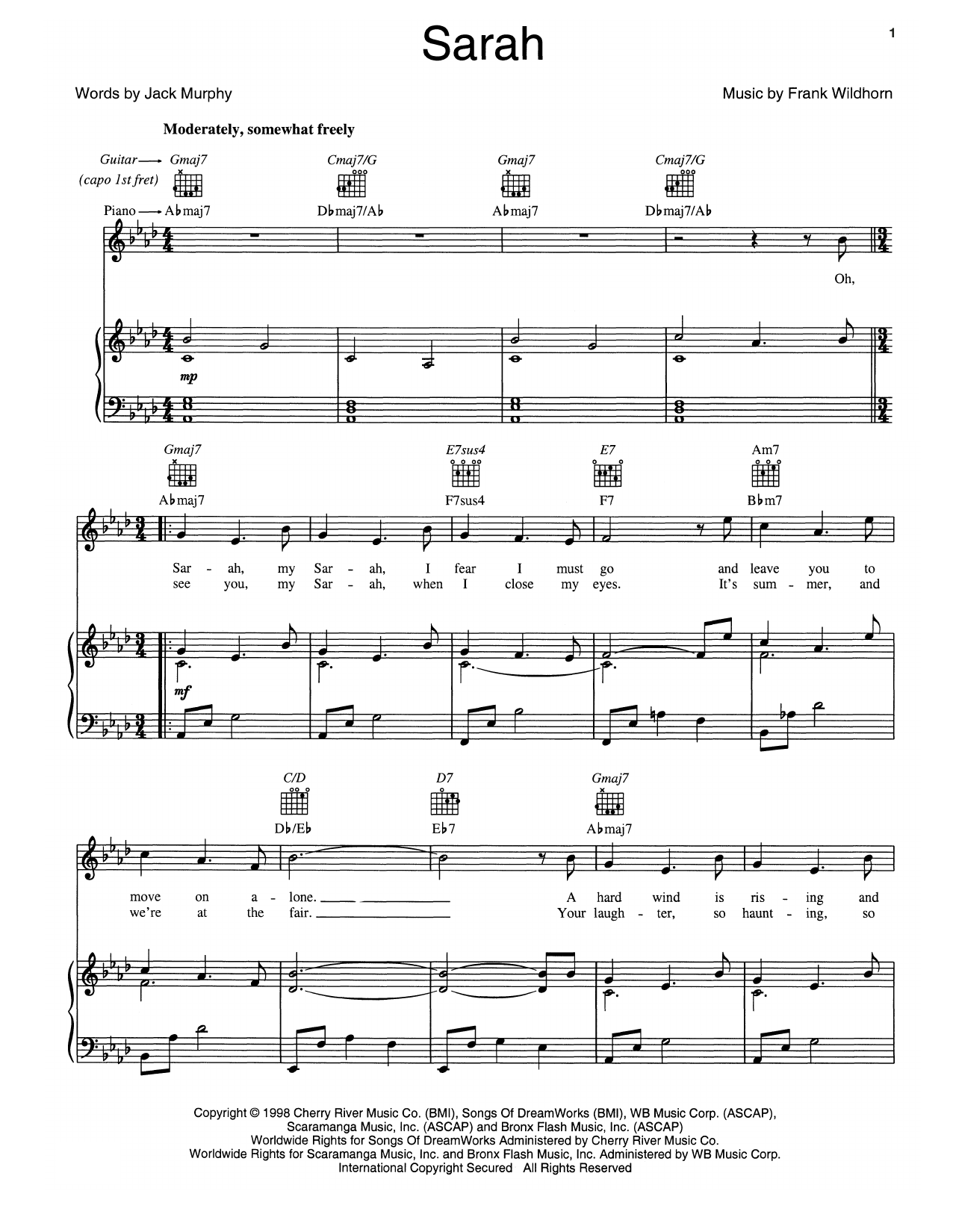 Frank Wildhorn Sarah Sheet Music Notes & Chords for Piano, Vocal & Guitar (Right-Hand Melody) - Download or Print PDF Frank Wildhorn Sarah Sheet Music Notes & Chords for Piano, Vocal & Guitar (Right-Hand Melody) - Download or Print PDF