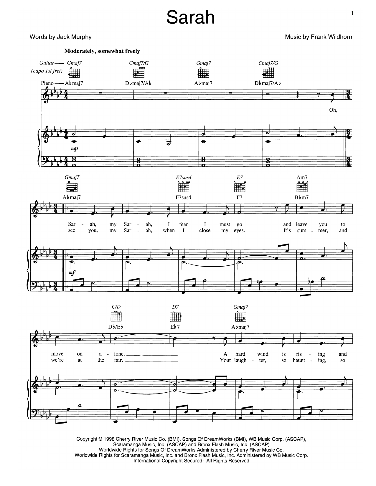Frank Wildhorn Sarah Sheet Music Notes & Chords for Piano, Vocal & Guitar (Right-Hand Melody) - Download or Print PDF