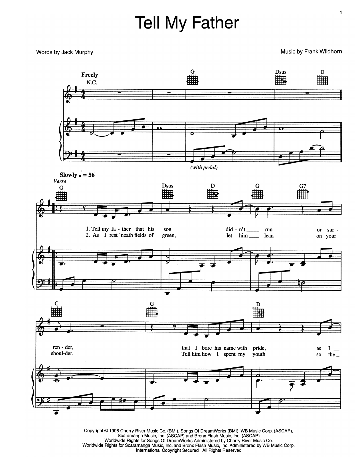 Frank Wildhorn Tell My Father Sheet Music Notes & Chords for Piano, Vocal & Guitar (Right-Hand Melody) - Download or Print PDF