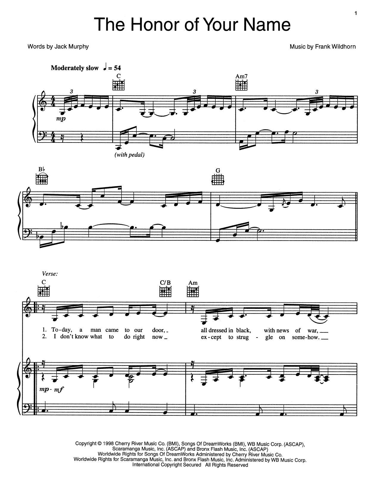 Frank Wildhorn The Honor Of Your Name Sheet Music Notes & Chords for Piano, Vocal & Guitar (Right-Hand Melody) - Download or Print PDF