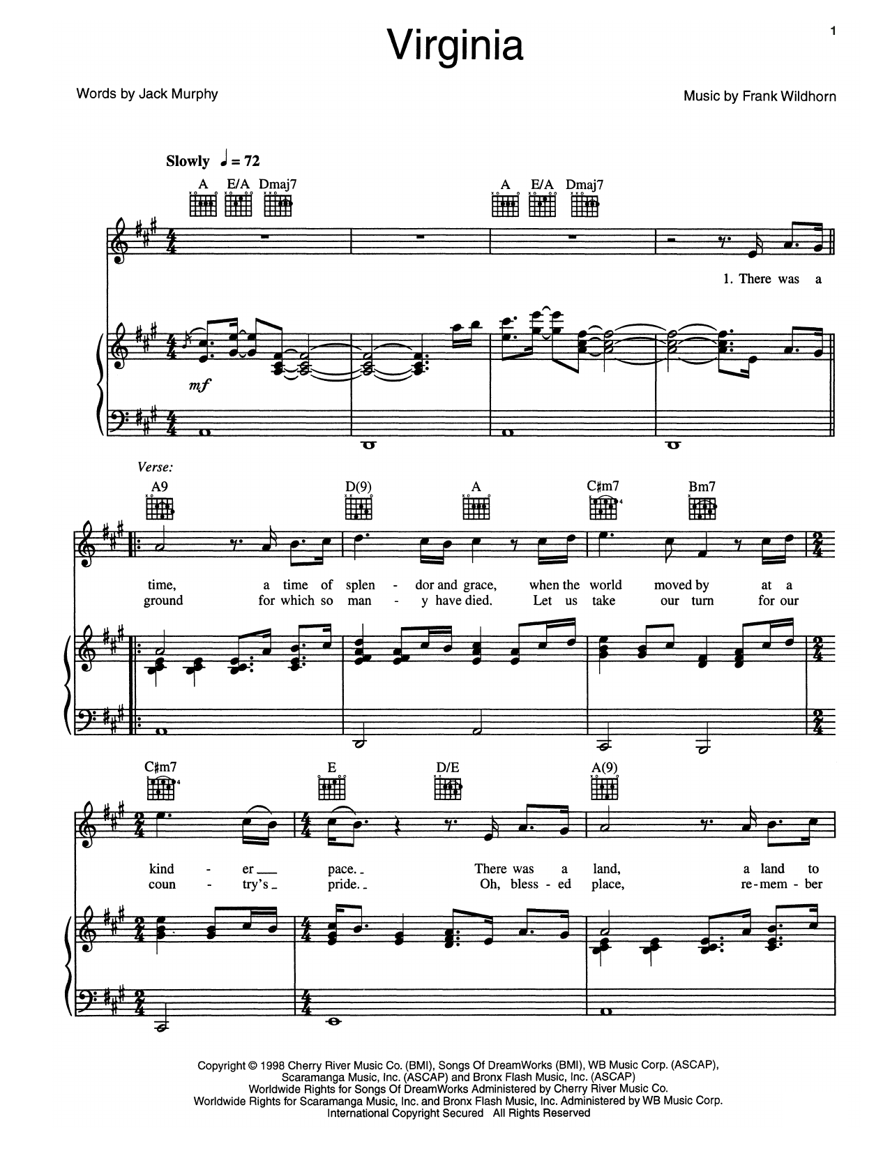 Frank Wildhorn Virginia Sheet Music Notes & Chords for Piano, Vocal & Guitar (Right-Hand Melody) - Download or Print PDF