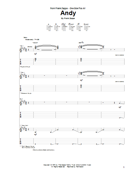 Frank Zappa Andy Sheet Music Notes & Chords for Guitar Tab - Download or Print PDF