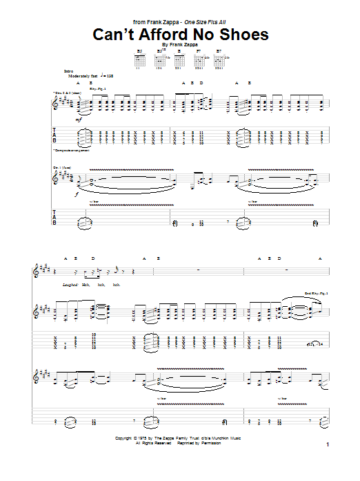 Frank Zappa Can't Afford No Shoes Sheet Music Notes & Chords for Guitar Tab - Download or Print PDF