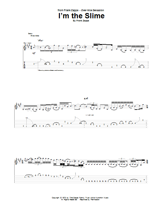 Frank Zappa I'm The Slime Sheet Music Notes & Chords for Lyrics & Chords - Download or Print PDF