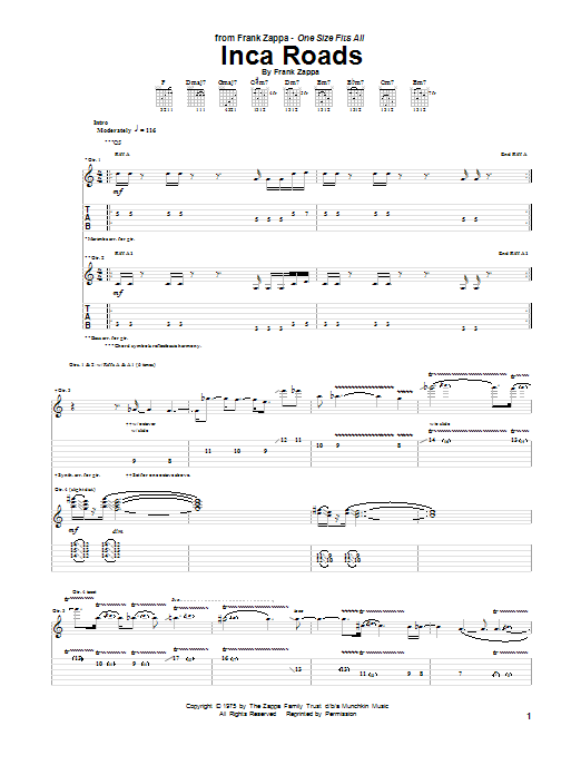 Frank Zappa Inca Roads Sheet Music Notes & Chords for Guitar Tab - Download or Print PDF