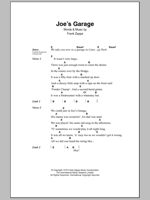 Frank Zappa Joe's Garage Sheet Music Notes & Chords for Lyrics & Chords - Download or Print PDF