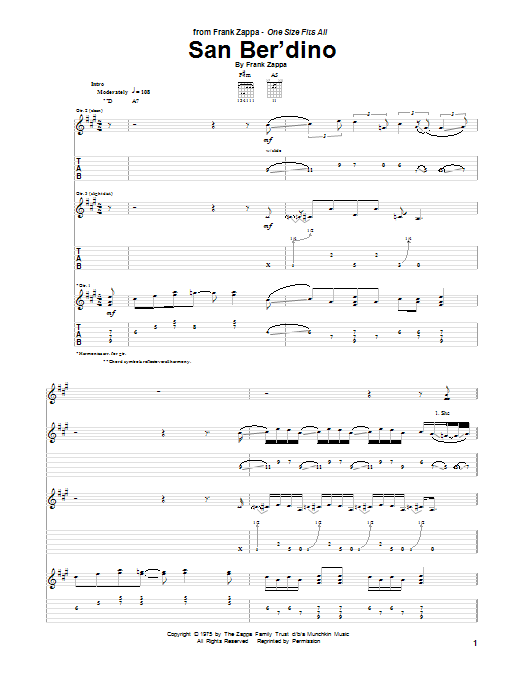 Frank Zappa San Ber'dino Sheet Music Notes & Chords for Guitar Tab - Download or Print PDF