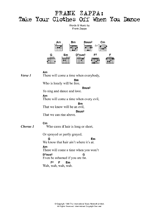 Frank Zappa Take Your Clothes Off When You Dance Sheet Music Notes & Chords for Lyrics & Chords - Download or Print PDF