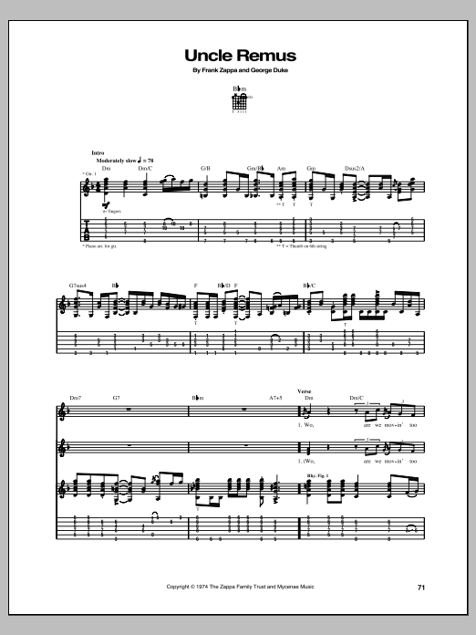 Frank Zappa Uncle Remus Sheet Music Notes & Chords for Guitar Tab - Download or Print PDF