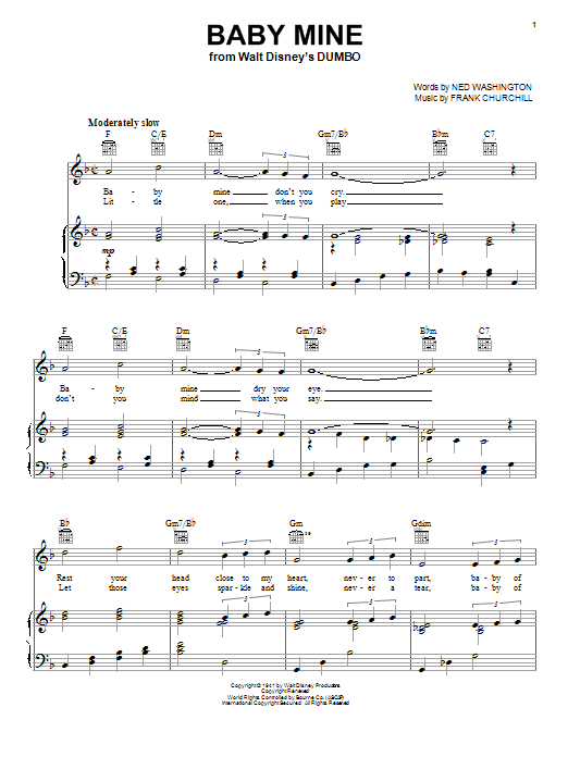 Preview Frank Churchill Baby Mine (from Walt Disney's Dumbo) Film and TV sheet music, notes and chords for Beginner Piano, SKU: 48476 Baby Mine (from Walt Disney's Dumbo) sheet music