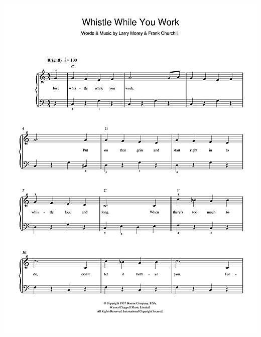Preview Frank Churchill Whistle While You Work (from Walt Disney's Snow White And The Seven Dwarfs) Film and TV sheet music, notes and chords for Beginner Piano, SKU: 48507 Whistle While You Work (from Walt Disney's Snow White And The Seven Dwarfs) sheet music