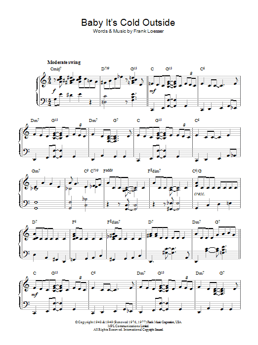 Preview Frank Loesser Baby, It's Cold Outside Pop sheet music, notes and chords for Alto Saxophone, SKU: 103614 Baby, It's Cold Outside sheet music