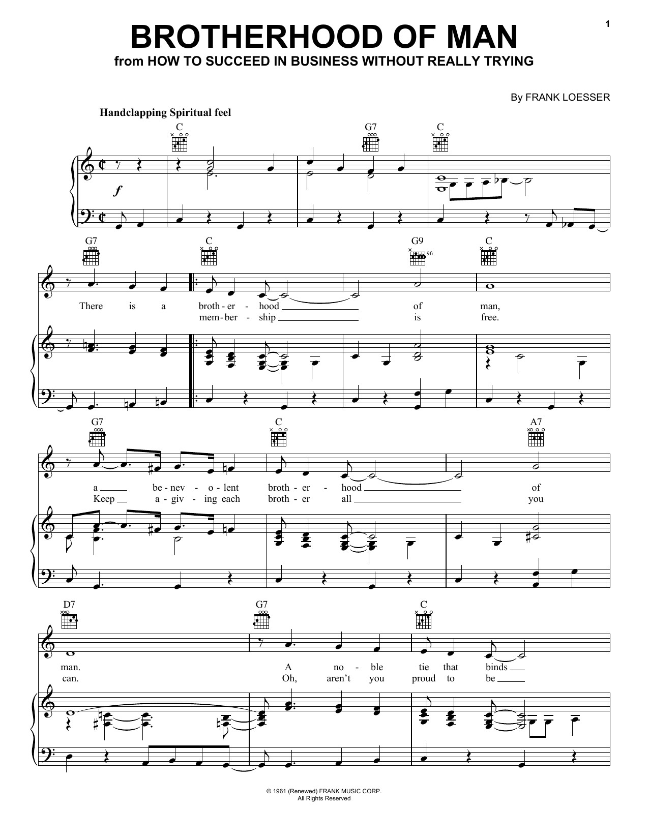 Preview Frank Loesser Brotherhood Of Man Folk sheet music, notes and chords for Violin, SKU: 191757 Brotherhood Of Man sheet music