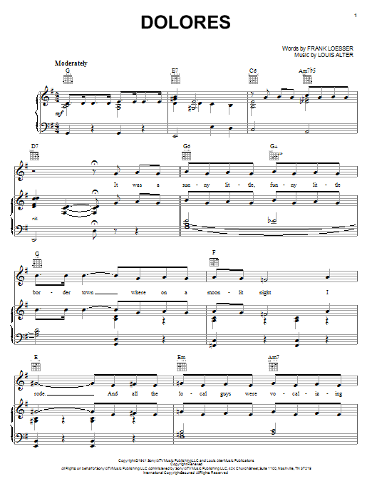 Preview Frank Loesser Dolores Folk sheet music, notes and chords for Melody Line, Lyrics & Chords, SKU: 188754 Dolores sheet music