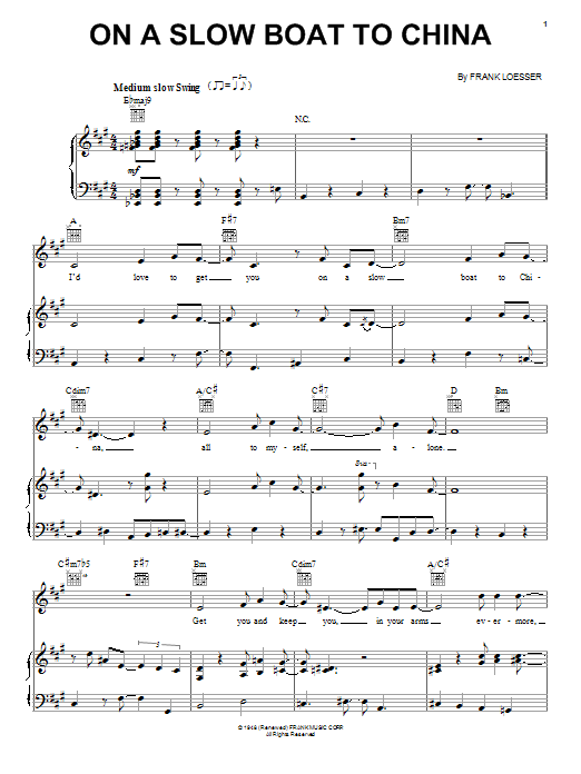 Preview Frank Loesser On A Slow Boat To China Jazz sheet music, notes and chords for Easy Guitar Tab, SKU: 82084 On A Slow Boat To China sheet music