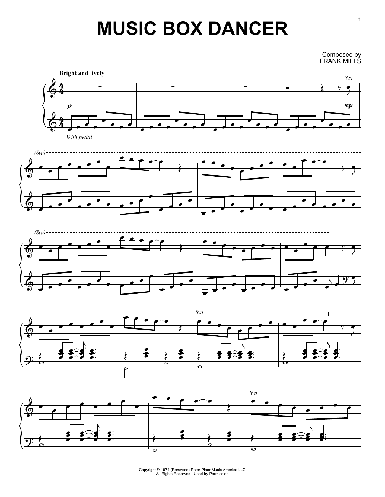 Preview Frank Mills Music Box Dancer Easy Listening sheet music, notes and chords for Piano, SKU: 48578 Music Box Dancer sheet music