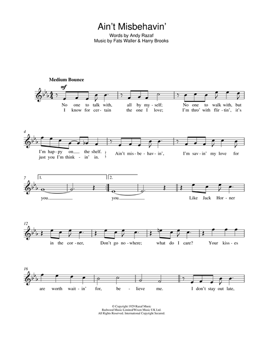 Preview Frank Sinatra Ain't Misbehavin' Jazz sheet music, notes and chords for Melody Line, Lyrics & Chords, SKU: 13922 Ain't Misbehavin' sheet music